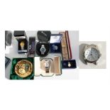 A Seiko Sportura Kinetic Auto relay wrist watch, other watches, a Royal Air Force silver proof coin,