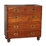 A late 19th century two-part Army & Navy teak and brass mounted campaign chest, with two short and