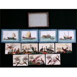 A group of eleven Chinese miniature watercolours on rice paper, seven depicting birds, four