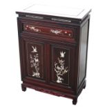 A Chinese mother of pearl inlaid hardwood side cabinet with single frieze drawer above a pair of