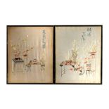 Two Chinese silk embroidered pictures of vases, flowers and calligraphy, framed and glazed, 36 by