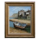 Geoff Biggs. Staithes - Yorkshire, Boats on the Shore Line - signed lower right, oil on board, 40 by