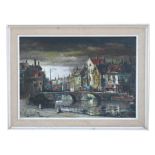 Colbert (?) - Continental River Town Scene - indistinct signature lower left, oil on canvas, framed,