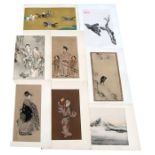 A group of unframed Chinese and Japanese watercolours and prints (a lot).