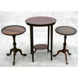 Two mahogany tripod wine tables; together with an Edwardian oval two-tier occasional table (3).