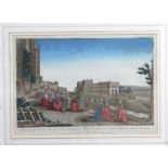 An 18th century French hand engraving - View from the East of Windsor Castle with the Royal Family
