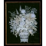 A large lacework picture depicting flowers in a vase, signed 'Joan Payne' to bottom right, 66 by