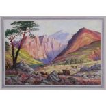 EARNEST W MILLAR (20th century) - Highland Cattle in a Mountain Landscape - watercolour, signed