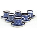 A Coalport blue & white coffee set comprising six coffee cans and saucers.