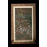 A 19th century Chinese painting on silk depicting ladies fishing from a terrace, framed and