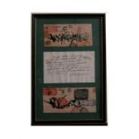 Two 19th century Chinese bank notes and associated letter, framed and glazed.