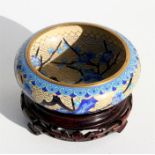 A Chinese cloisonne bowl on stand, decorated with prunus on a beige ground, 13cm (5ins) diameter.