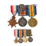 A trio of WWI medals awarded to '727 DVR W.T. Walters. R.E' with miniatures and services rendered