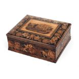 A 19th century Tunbridge ware sewing box, the top inlaid with a castle scene within a foliate