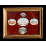 A group of five oval Indian miniatures on ivory, including the Taj Mahal, mounted in a later frame.