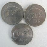 Three Irish 10 pence coins, defaced with 'UVF', 'UFF', and 'UDA', dated 1969, 1974 and 1976.