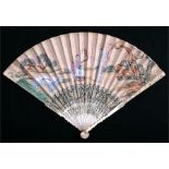 A 19th century Chinese ivory and hand painted paper fan, the pierced sticks decorated with gilded