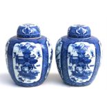 A pair of Chinese Kangxi blue & white jars and covers, decorated with panels of flowers and birds,