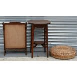 An early 20th century oak octagonal two-tier occasional table, a 1930's walnut fire screen and a