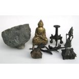 A Chinese bronze Buddha seated in meditation, 12.5cm (5ins) high; a Japanese bronze miniature house,