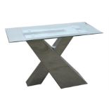 A modern polished steel and glass console table standing on an 'X' frame base, 120cm (47.5ins) wide.