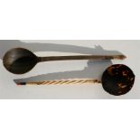 A Turkish horn sherbet spoon, 25cm (9.75ins) long; together with another similar with marine ivory