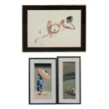 A Japanese print depicting a reclining naked lady, framed and glazed, 56 by 40cm (22 by 16ins);