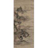 A Chinese scroll painting on silk depicting figures and village in a mountainous landscape.