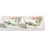 A pair of Chinese famille verte square form bowls decorated with scholars, red seal mark to the