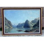 H Enfield - Mountainous Coastal Scene - signed lower left, oil on canvas, framed, 60 by 39cm (23.5