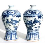A pair of Chinese blue & white meiping vases, decorated figural with scenes, 22cm (8.75ins) high (