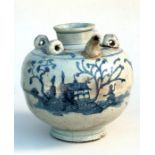 A 19th century Chinese blue & white wine pot of globular form, decorated with figures and trees,