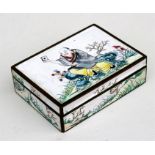 A Chinese enamel box, decorated with robed figure with playing cards, on a white ground, 10 by