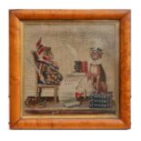 A Victorian woolwork picture depicting Mr Punch and his dog, framed and glazed, 22 by 22cm (8.5 by