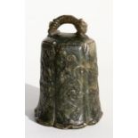 A late 19th / early 20th century Chinese figured soapstone bell carved with mythical beasts, 14cm (