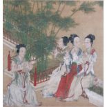 A Chinese watercolour depicting ladies playing the flute on a terrace, framed and glazed, 24 by