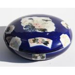 A large Chinese porcelain box and cover of compressed circular form, decorated with birds,