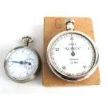 A Suprex pedometer, a pocket watch style pedometer, and three silver cased trench watches (5).