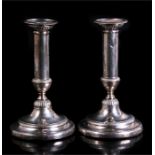 Pair of Georgian silver candlesticks, circular bases with bead edge, separate scones. Sheffield 1809