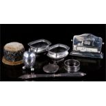 A group of silver items to include, desk calendar, a pair of open salts, egg shape pepper castor,