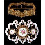 A 19th century gilt metal and enamel buckle decorated flowers and set with faceted polished steel,