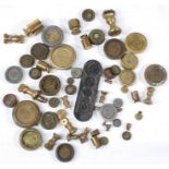 Large quantity of brass weights up to 2lbs, including bell shape, metric, and stacking Avery