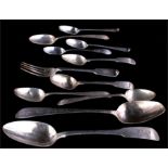 Eleven pieces of antique Irish silver cutlery, mostly 18th century including table and teaspoons.