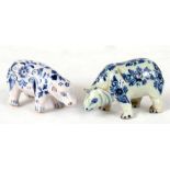 Delft figure of a hippopotamus and a similar rhinoceros, both measure approximately 9cm(3.5ins)