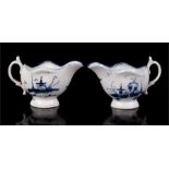 A pair of 18th century Worcester butter boats in Cannon Ball pattern, one with blue crescent mark,