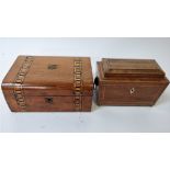 A 19th century rosewood tea caddy, with lion face handles, along with a sewing box