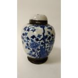 An early 20th century blue and white ginger jar, decorated with a various plants, flowers and a