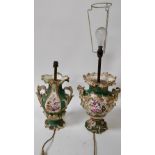 A 19th coalport style lamp with hand painted sprays of flowers, gilded decoration throughout, each