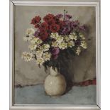 An oil on canvas of a still life, flowers in a vase, signed lower right C.M. Van Roy, 59cm x 49cm