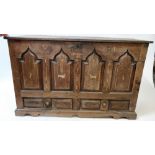 A 19th century oak Mule chest, with carved inlaid front section, with two short drawers, 89cm